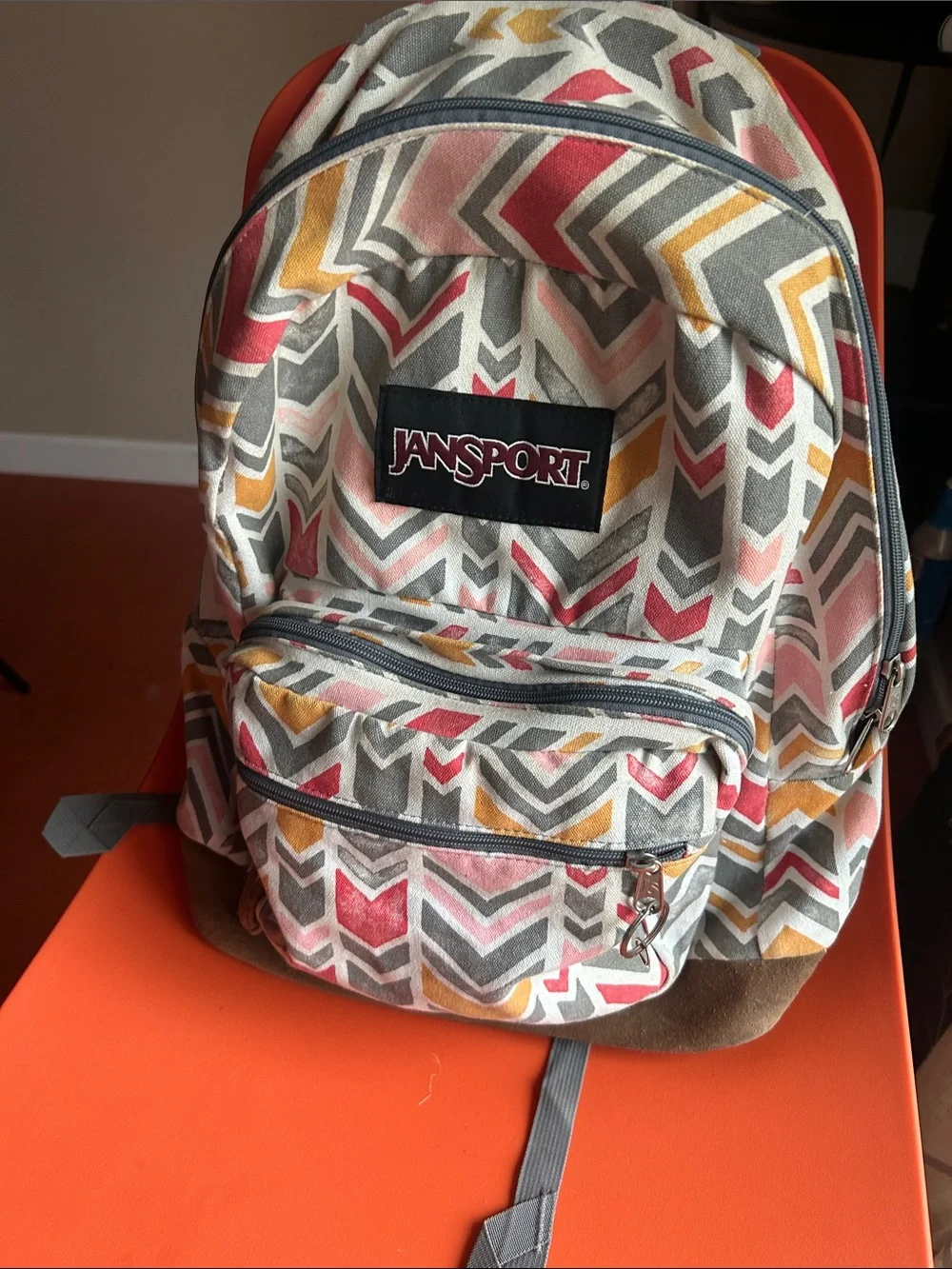 Jansport Chevron Pattern Backpack in Pink, Gray & Yellow